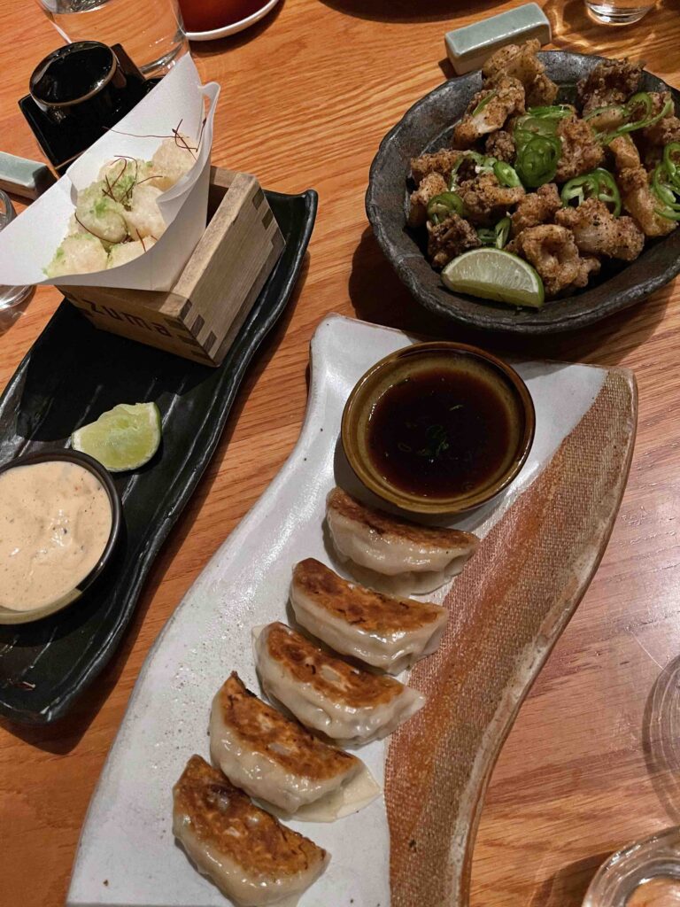 Black cod and shrimp gyozas crispy fried squid with green chilli and lime