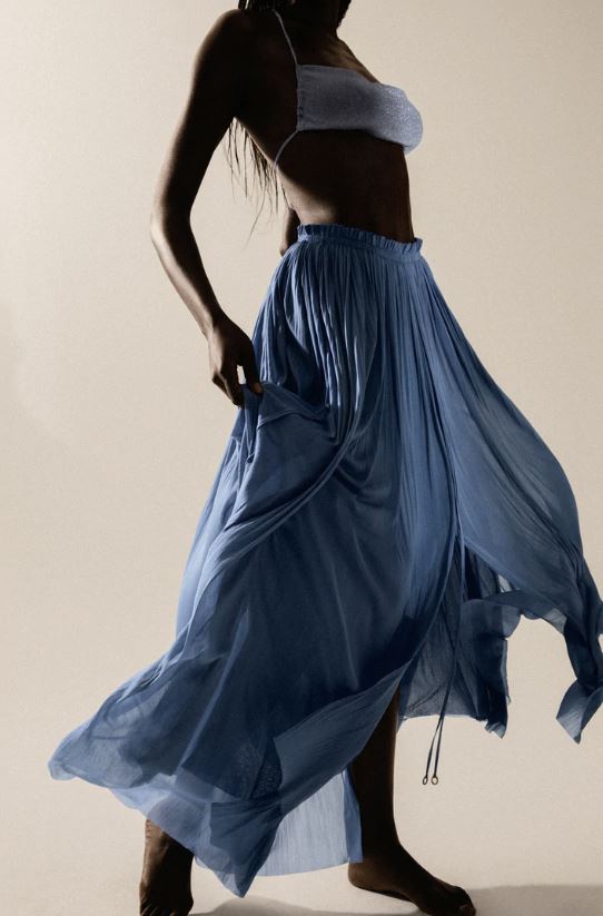 Blue Silk Tulle Long Skirt