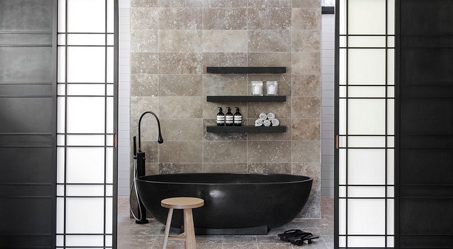 Black bathtub becomes the focal point of the contemporary bathroom