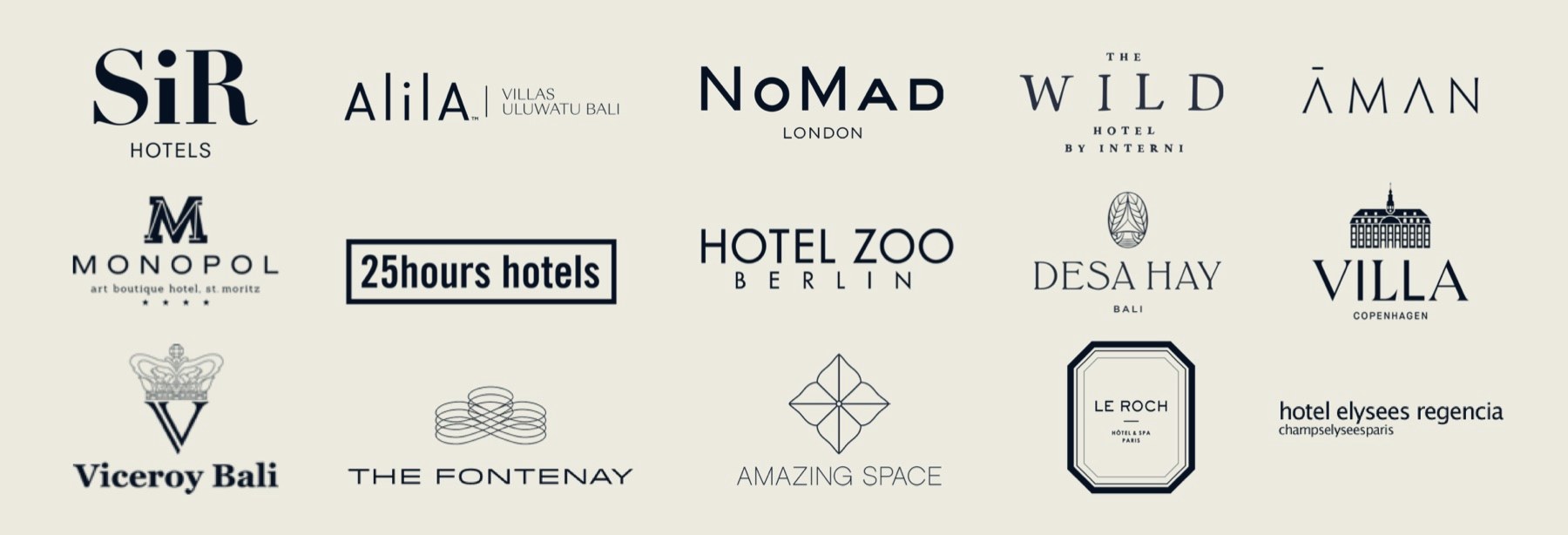 Selected clients: Sir Hotels, Alila Villas Uluwatu Bali, NoMad London, The Wild Hotel Mykonos, Aman, Monopol St. Moritz, 25hours Hotels, Hotel Zoo Berlin, Desa Hay Bali, Villa Copenhagen, Viceroy Bali, The Fontenay, Amazing Space, Le Roch Paris, Hotel Elysees Regencia Paris